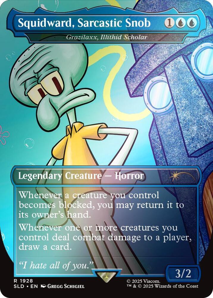 Squidward, Sarcastic Snob // Grazilaxx, Illithid Scholar 1928 (Secret Lair Drop Series) - Borderless Rainbow Foil